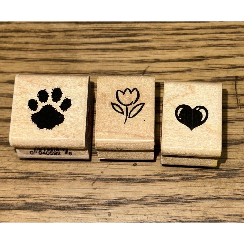 Vtg 90's Stampendous Paw Petite Tulip Heart Wood Mounted‎ Rubber Stamps Lot Of 3